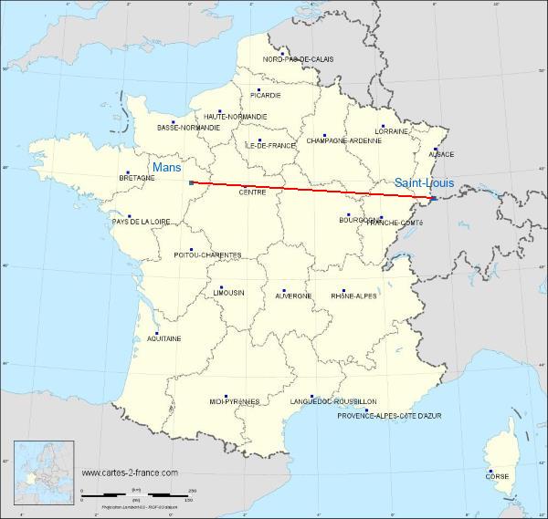 Distance Saint-Louis Le Mans sur la carte de France