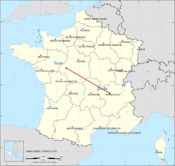 Distance Écully Tours sur la carte de France