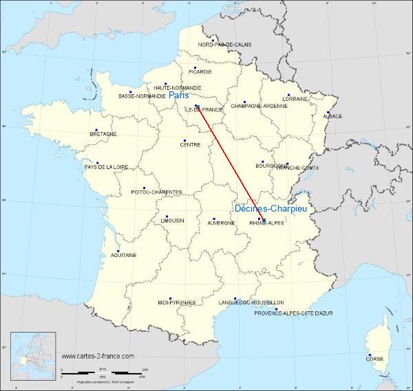 Distance Décines-Charpieu Paris sur la carte de France
