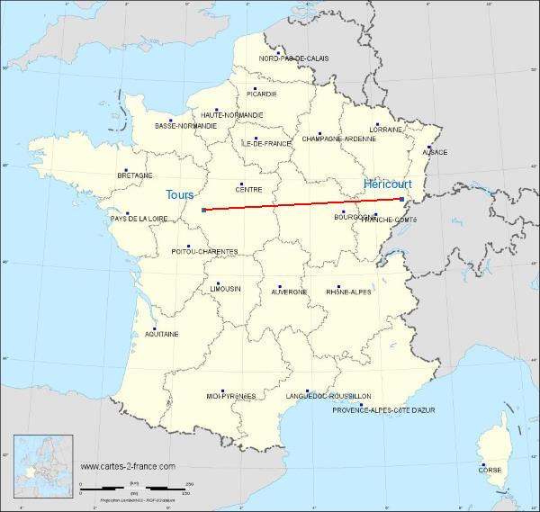 Distance Héricourt Tours sur la carte de France