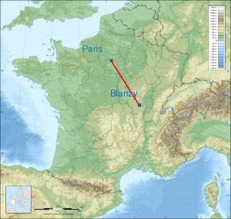 Distance entre de Blanzy et Paris sur la carte de France
