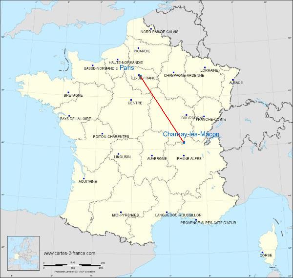 Distance Charnay-lès-Mâcon Paris sur la carte de France