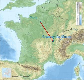 Distance entre de Charnay-lès-Mâcon et Paris sur la carte de France