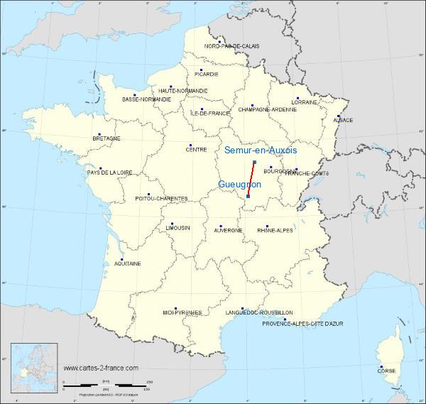 Distance Gueugnon Semur-en-Auxois sur la carte de France