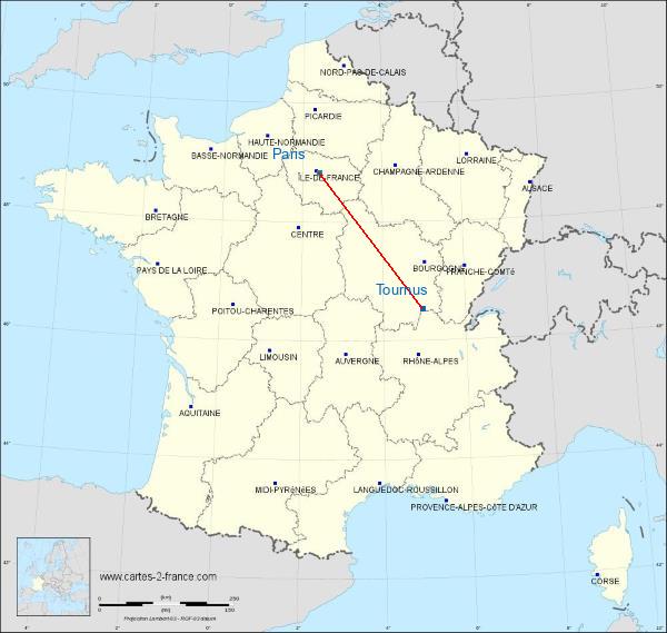 Distance Tournus Paris sur la carte de France