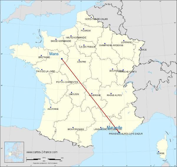 Distance Le Mans Marseille 13 sur la carte de France
