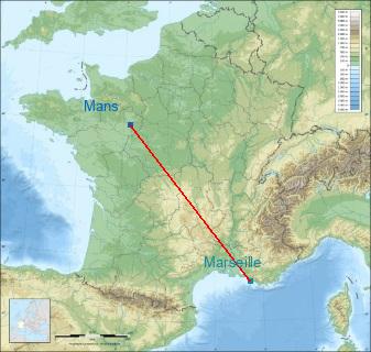 Distance entre de Le Mans et Marseille 13 sur la carte de France