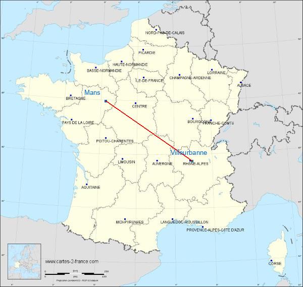 Distance Le Mans Villeurbanne sur la carte de France