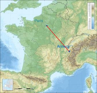 Distance entre de Annecy-le-Vieux et Paris sur la carte de France