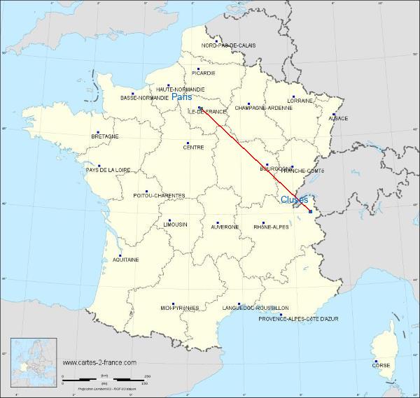 Distance Cluses Paris sur la carte de France