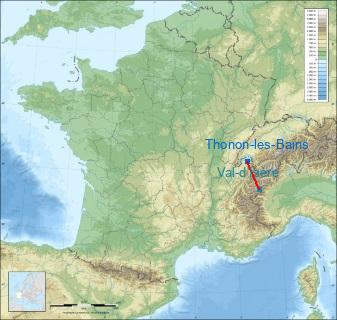 Distance entre de Thonon-les-Bains et Val-D'Isere sur la carte de France