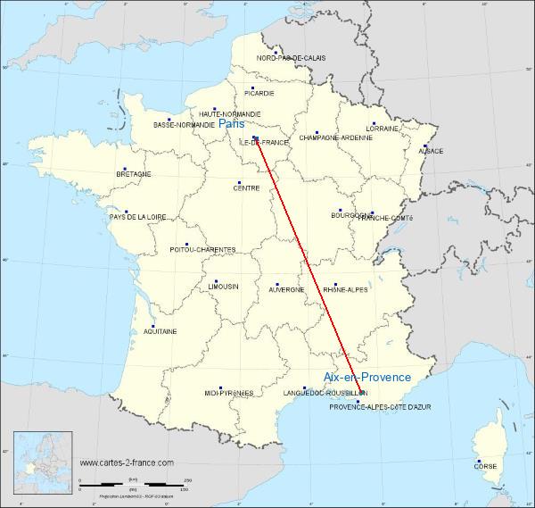 Distance Paris Aix-en-Provence sur la carte de France