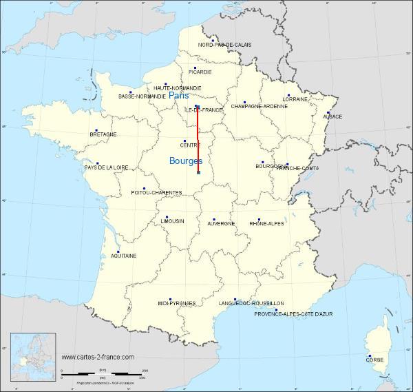 Distance Paris Bourges sur la carte de France