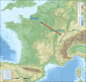 Distance entre de Paris et Besançon sur la carte de France