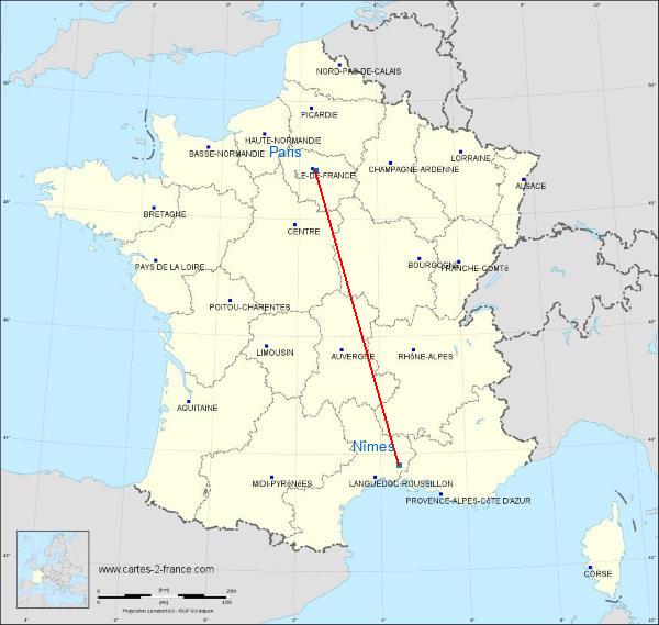 Distance Paris Nîmes sur la carte de France