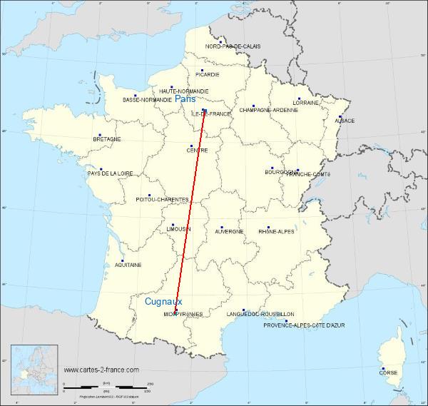 Distance Paris Cugnaux sur la carte de France