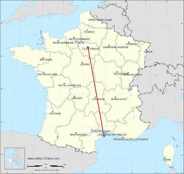 Distance Paris Frontignan sur la carte de France
