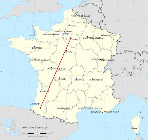 Distance Paris Orthez sur la carte de France