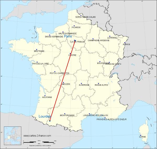 Distance Paris Lourdes sur la carte de France