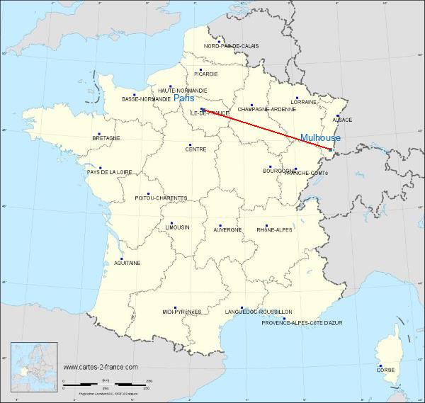 Distance Paris Mulhouse sur la carte de France
