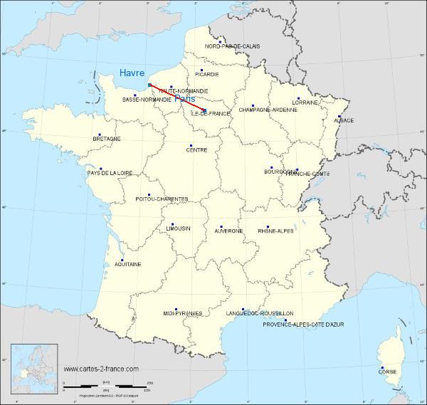 Distance Paris Le Havre sur la carte de France