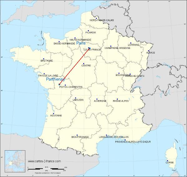 Distance Paris Parthenay sur la carte de France