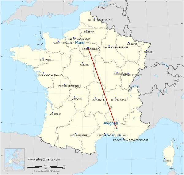 Distance Paris Avignon sur la carte de France
