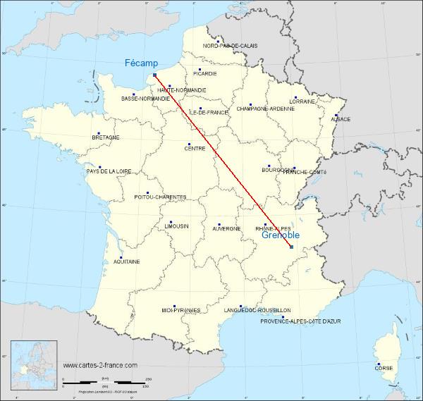 Distance Fécamp Grenoble sur la carte de France