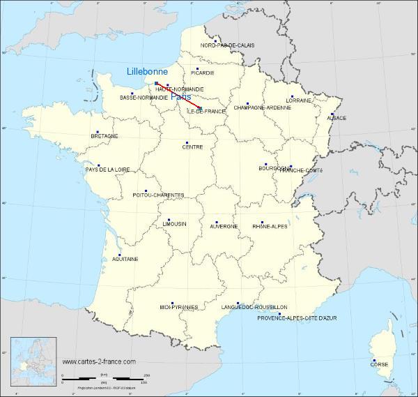 Distance Lillebonne Paris sur la carte de France