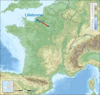 Distance entre de Lillebonne et Paris sur la carte de France