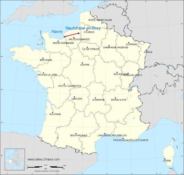 Distance Neufchâtel-en-Bray Le Havre – Octeville Airport sur la carte de France