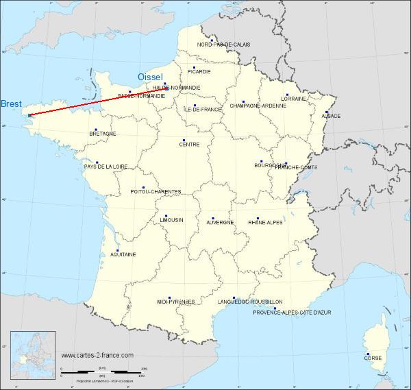 Distance Oissel Brest sur la carte de France