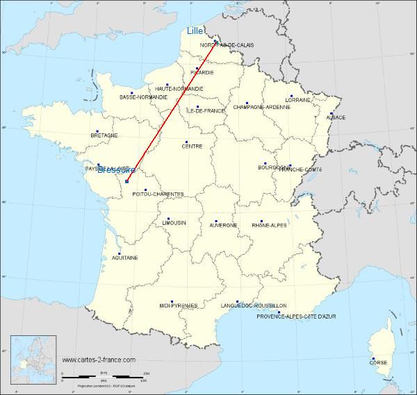 Distance Bressuire Lille sur la carte de France