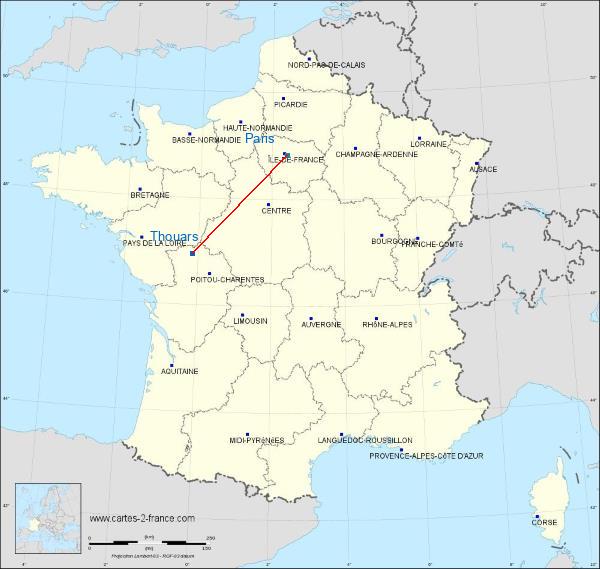 Distance Thouars Paris sur la carte de France