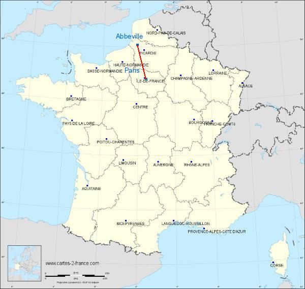 Distance Abbeville Paris sur la carte de France