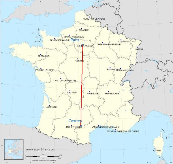 Distance Castres Paris sur la carte de France