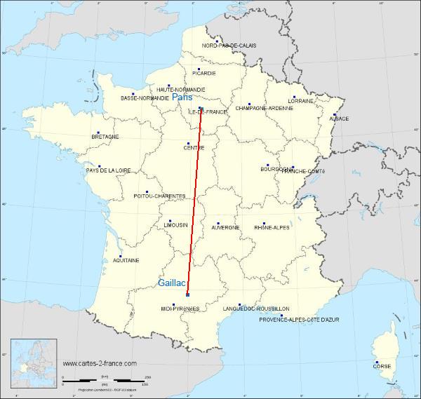 Distance Gaillac Paris sur la carte de France