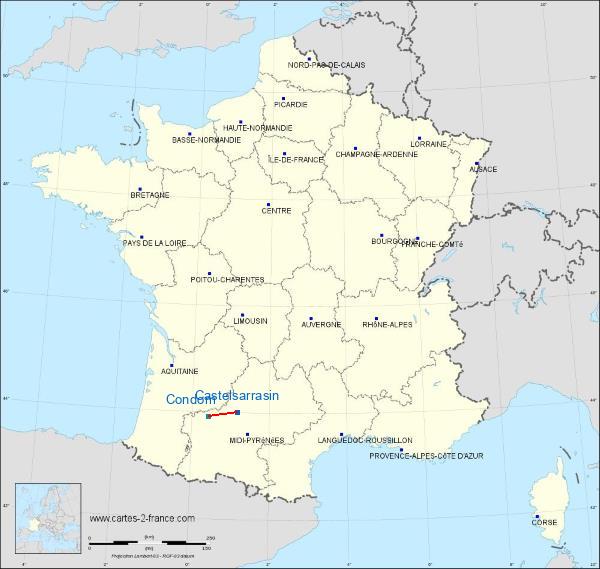 Distance Castelsarrasin-Moissac Condom - Valence-sur-Baïse sur la carte de France