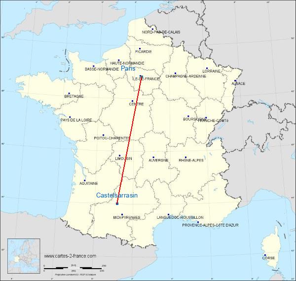 Distance Castelsarrasin Paris sur la carte de France