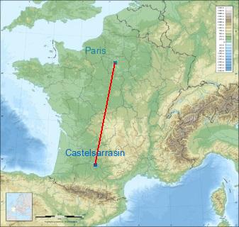 Distance entre de Castelsarrasin et Paris sur la carte de France