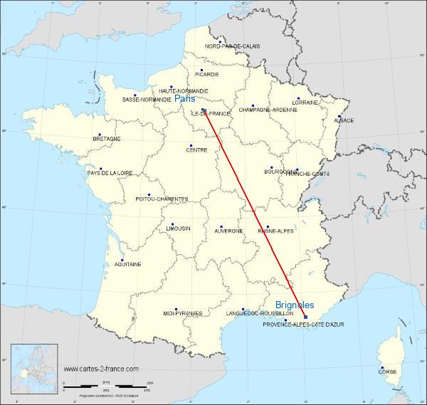 Distance Brignoles Paris sur la carte de France