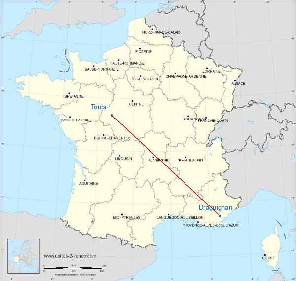 Distance Draguignan Tours sur la carte de France