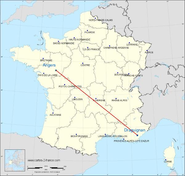 Distance Draguignan Angers sur la carte de France