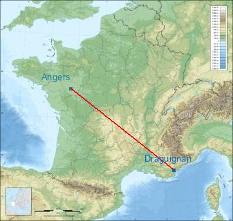 Distance entre de Draguignan et Angers sur la carte de France