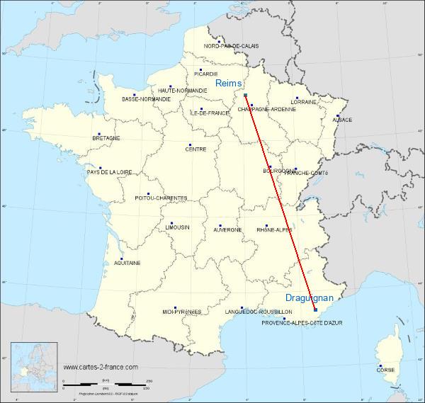 Distance Draguignan Reims sur la carte de France