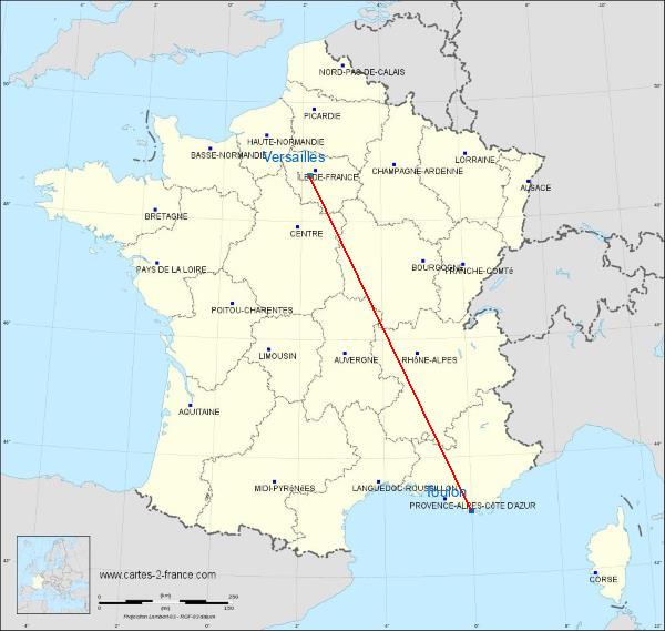Distance Toulon Versailles sur la carte de France