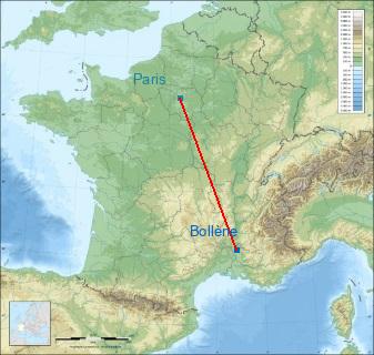 Distance entre de Bollène et Paris sur la carte de France