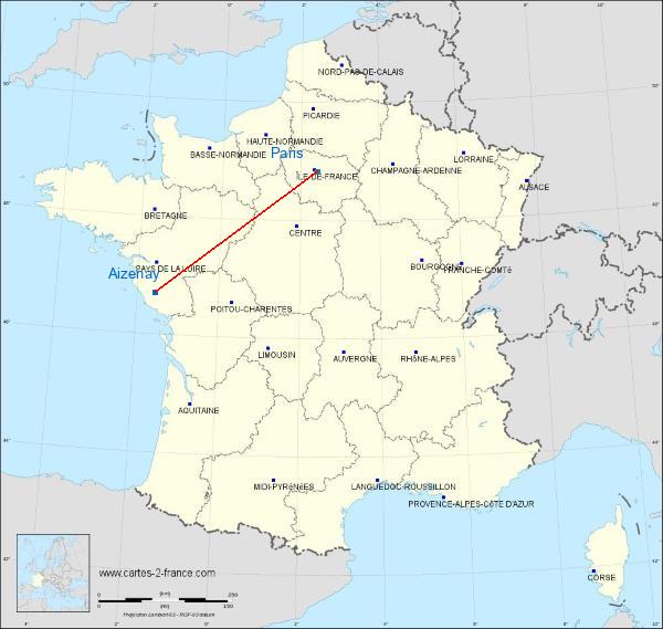 Distance Aizenay Paris sur la carte de France