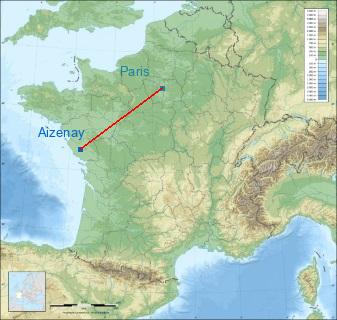 Distance entre de Aizenay et Paris sur la carte de France