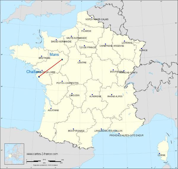 Distance Challans Le Mans sur la carte de France